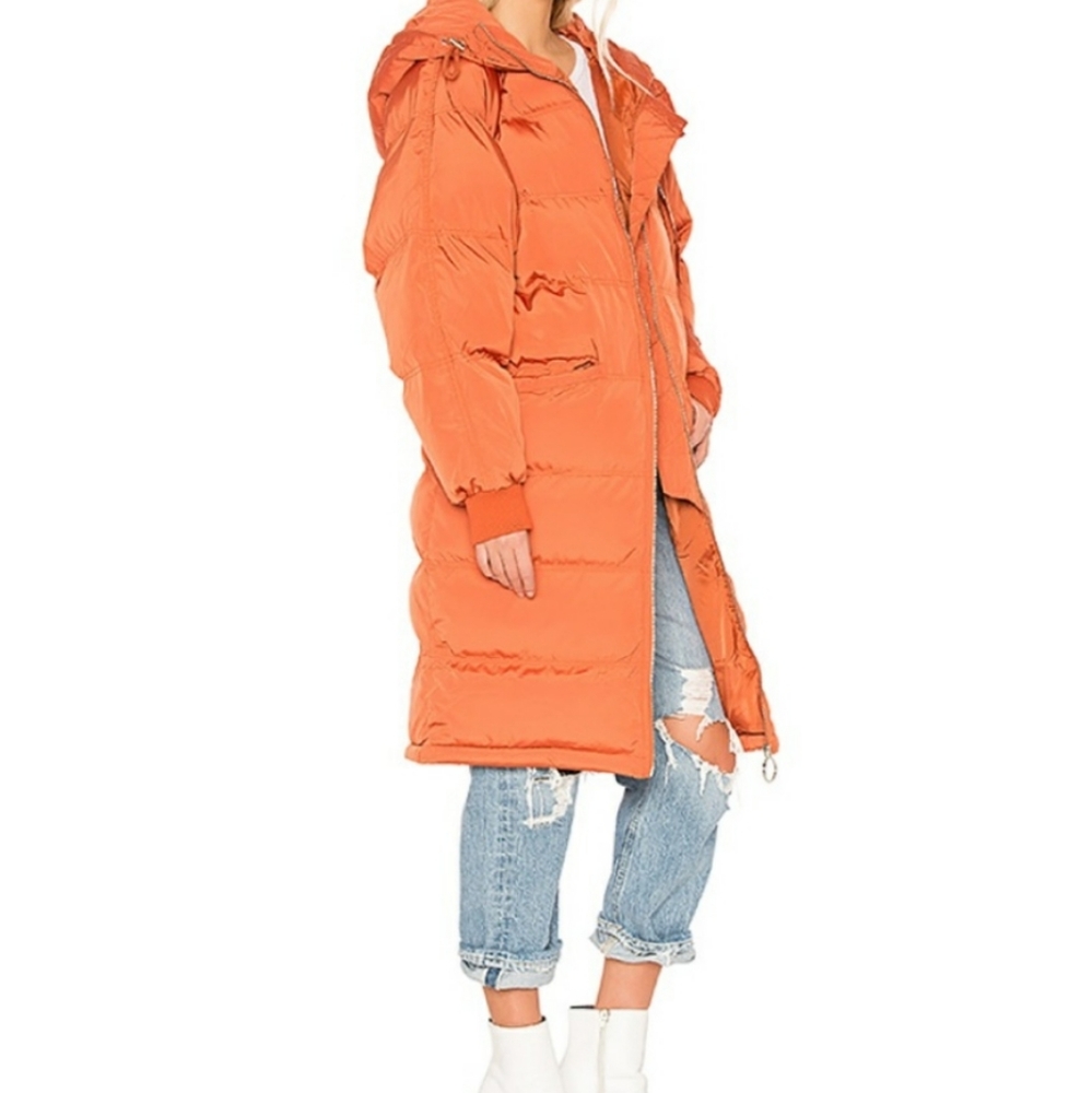 Free People Orange Puffer Long Hooded Jacket XS